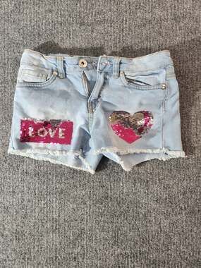 Pink Velvet Girls Size 10 Denim Shorts with Reversible Sequin Heart and Love Pat